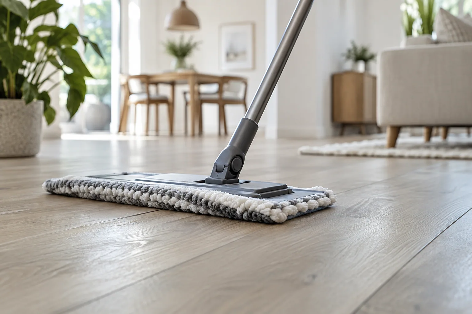 Limpeza de piso amadeirado com mop de microfibra — ilustração